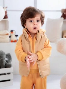 SHEIN 3pcs Set Baby Boys Casual All-Match Warm Vest, Hoodie Sweatshirt And Pants Outfit For Fall, Winter And Spring - Khaki - View 3