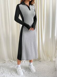 SHEIN EZwear Damen Polokragen Farbkontrast Patchwork Knopfleiste Langarm Buchstaben Muster Kleid - Verschiedenfarbig - Übersicht 6