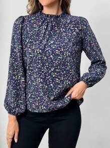 EMERY ROSE Women's Frill Trim Allover Floral Print Long Sleeve Casual Shirt - Multicolor - View 2