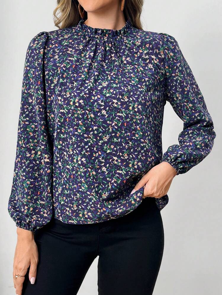 Women's Frill Trim Allover Floral Print Long Sleeve Casual Shirt