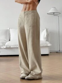 Muchica 纯色纯色前扣口袋简约休闲宽腿裤，秋冬 - 米色 - 查看 4