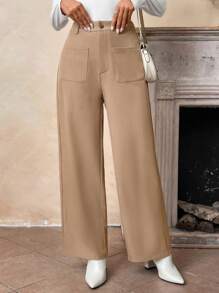 SHEIN LUNE Calças femininas outono/inverno perna reta bambu texturizado com bolsos - Caqui - Ver 1