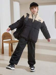 SHEIN Tween 男童休闲羊毛衬里立领拉链加厚保暖绗缝棉服外套，冬季外套 - 黑色 - 查看 3