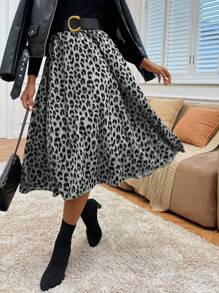 SHEIN LUNE 女式豹纹松紧腰宽松休闲长裙
