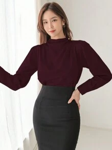 DAZY 女士纯色褶皱长袖衬衫、长袖上衣、秋装 - 酒紅色 - 查看 4