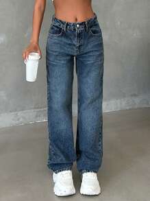 RueChic Quần Jeans Lưng Cao Dáng Thẳng Phong Cách Y2K Cho Nữ 100% Cotton - Rửa trung bình - Xem 6