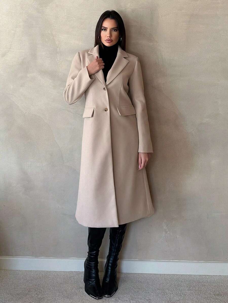 SHEIN Tall Abrigo de lana grueso de color camello (incluyendo el forro) adecuado para otoño e invierno