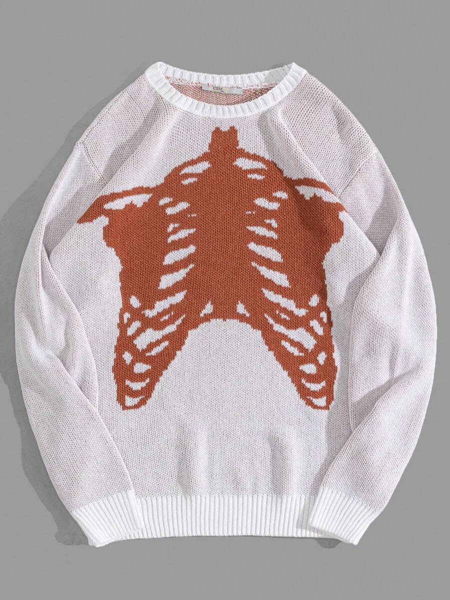 SHEIN Cottnline Men Bone Printed Regular Sweater - White - View 1