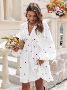 SHEIN VCAY Váy thêu trái tim cổ chữ V cho nữ, mùa thu - trắng - Xem 5