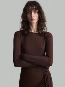 Ontre Damen Langarmkleid, braun, Rundhalsausschnitt, hoher Schlitzausschnitt am Saum, elegantes, hochwertiges, dehnbares Strickkleid