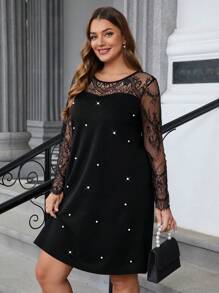 SHEIN Clasi Vestido recto elegante de trabajo, de manga larga, con cuello redondo, detalles de encaje y perlas falsas, informal para mujer de talla grande