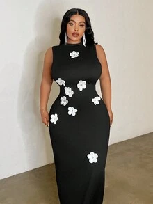 Slaydiva Váy thu họa tiết hoa không tay bó sát cỡ lớn thanh lịch màu đen - màu đen - Xem 5