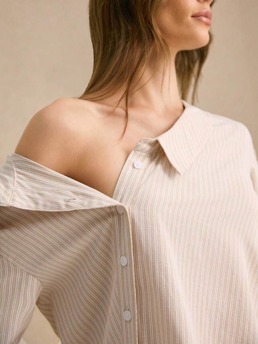 SHEIN Frenchy Blue And White Stripe Women Blouses Cotton Asymmetric Dropped Shoulder Khaki Lapel Shirt Fall Clothes Vintage Off Shoulder Top Casual Brunch Autumn - Apricot - View 1