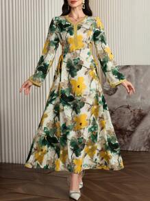 Al Najma Tie Dye Print Dress With Gold Edge Ribbon Side Tie-Up Fall Cloth For Women - Dark Green - View 7