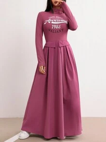 Mulvari Vestido maxi modesto de manga larga con cuello alto, estampado con letra, sencillo y sobrio para mujer