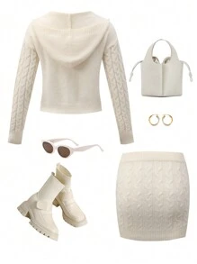 Set 2 piese pentru fetiță adolescente pulover și fustă mini de culoare uni, toamnă