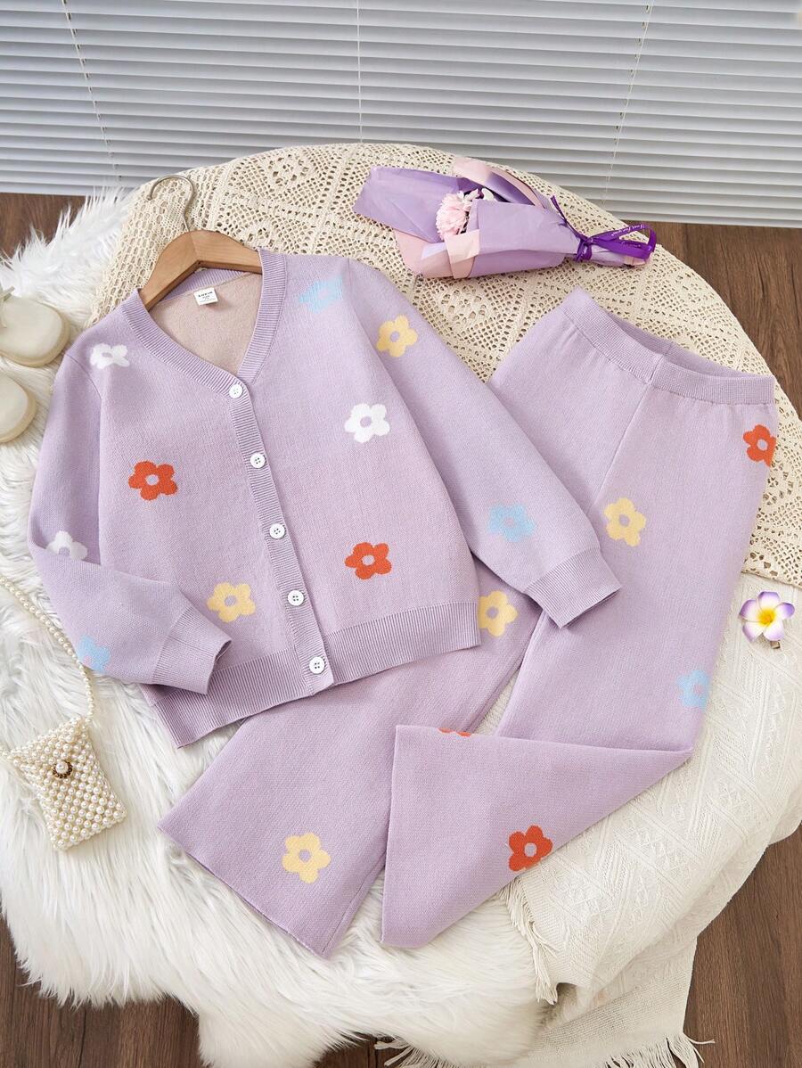 SHEIN Vintaside Kids 2 件套年轻女孩时尚休闲花卉印花开衫和阔腿裤套装，适合日常穿着，舒适柔软的材质，适合秋冬季 - 紫色 - 查看 1