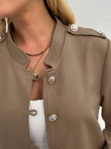 SHEIN Clasi Jaket Pendek Kasual Wanita dengan Hiasan Kancing - Khaki - View 6