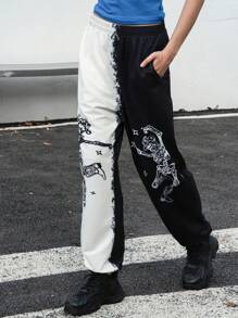 INAWLY Pantalon de jogging avec imprimé crâne bicolore pour femmes - Noir et Blanc - Voir 7