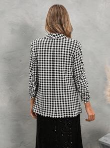 SHEIN LUNE Women's Autumn/Winter Plaid Print Ruched Sleeve Casual Blazer