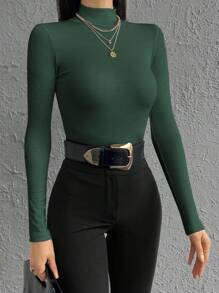 Cloudara Solid Mock Neck Ribbed Knit Tee - Dark Green - View 4