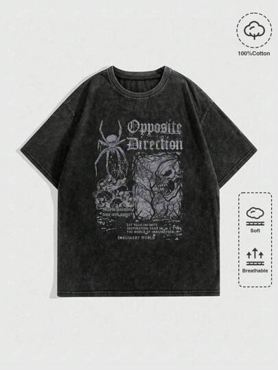 Grunge Punk Plus Size Black Spider & Skull With Slogan Print T-Shirt, School, Summer