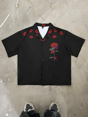 Manfinity Streetrush Men's Summer Casual Rose Lip Print Shirt