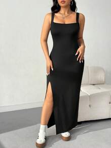 CovetEZ Vestido largo negro tejido con cuello cuadrado y abertura, talla grande - Negro - Ver 6