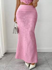 Zolique 女士花卉提花褶皱腰鱼尾下摆长裙 - 粉色 - 查看 4