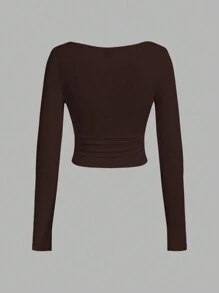 SHEIN EZwear 2 件套女士纯色方领褶皱侧边修身长袖 T 恤，秋季上衣 - 米色 - 查看 6