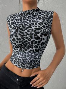 SHEIN EZwear 女士豹纹网眼褶皱腰短款吊带背心 - 灰色 - 查看 5