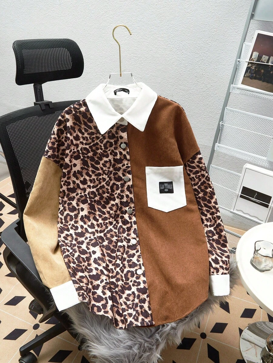 SHEIN EZwear Áo khoác nhung kẻ caro họa tiết da báo Colorblock cỡ lớn cho mùa thu - Nhiều màu - Xem 1