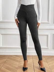 SHEIN Clasi Leggings casuales simples de cintura alta con botón y bolsillo de unicolor para mujer