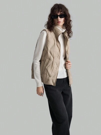 Ontre 卡其色特别绗缝高领羽绒休闲背心