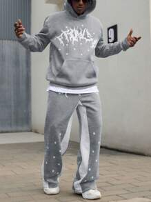 Manfinity EMRG 男士长袖连帽衫，带口袋印花和裤子休闲西装，男士两件套运动服，男士连帽衫和运动裤套装，星星运动裤，秋季服装 - 灰色 - 查看 6