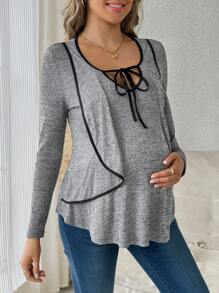 SHEIN Maternity Front Tie Long Sleeve Ruffle Splice Casual T-Shirt, Spring/Summer - Grey - View 3