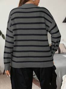 Flirla 大码法式条纹翻领针织毛衣，秋季，冬季 - 霧霾藍 - 查看 2