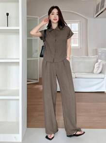 DAZY 女士纯色纽扣前开襟衬衫和阔腿裤两件套，带口袋，家居休闲套装 - 咖啡棕 - 查看 4