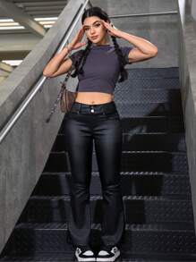 Women's PU Leather Flared Pants With Pockets - Black - View 7