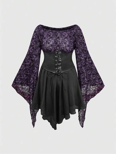 Hippie Women's U-Neck Flare Sleeve Asymmetrical Hem Short Dress