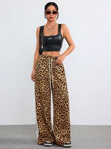 Muchica 女款 Y2K 秋冬豹纹条纹纹理装饰阔腿裤 - 咖啡棕 - 查看 6