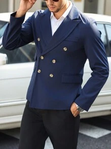 Manfinity Mode Men's Solid Color Lapel Double-Breasted Suit Jacket