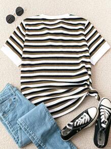 SHEIN LUNE Plus Size Summer Casual Colorblock Striped T-Shirt - Multicolor - View 2