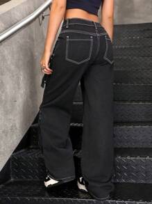 SHEIN Teen Girl Contrast Stitching Black Loose Fit Low Waist Straight Leg Jeans - Black - View 2
