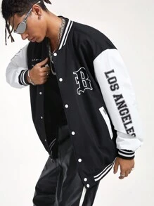Manfinity NXTstreet Men's Woven Long Sleeve Baseball Jacket, For Fall Winter - Black and White - View 3