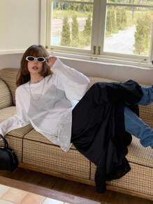 DAZY Áo thun nữ cổ tròn tay dài in họa tiết dáng rộng, chất liệu mỏng, quần áo mùa thu - trắng - Xem 5