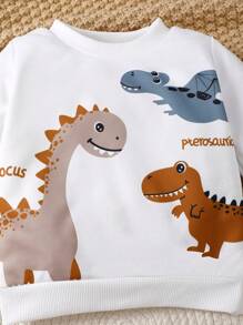 SHEIN Playful Pals 2pcs/Set Baby Boy Cute Dinosaur Print Crewneck Sweatshirt And Denim Pants - Baby Blue - View 3