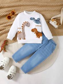 SHEIN Playful Pals 2pcs/Set Baby Boy Cute Dinosaur Print Crewneck Sweatshirt And Denim Pants - Baby Blue - View 6