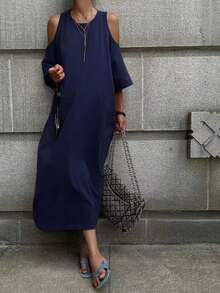 INAWLY Đầm hở vai màu trơn giản dị mùa hè cho nữ - Màu xanh hải quân - Xem 3