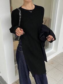 DAZY Women Solid Color Bodycon High Slit Maxi Knitted Dress